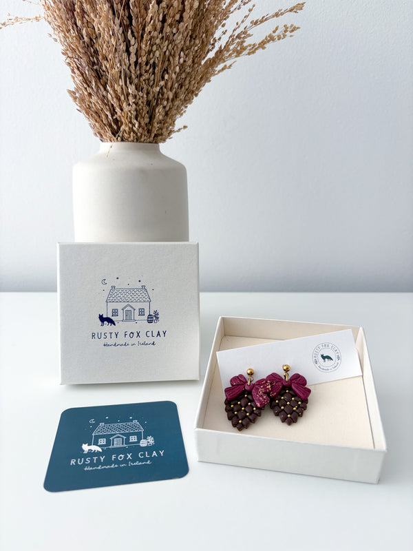 Brown / Burgundy - Pinecone & Bow Earrings (Christmas Collection)