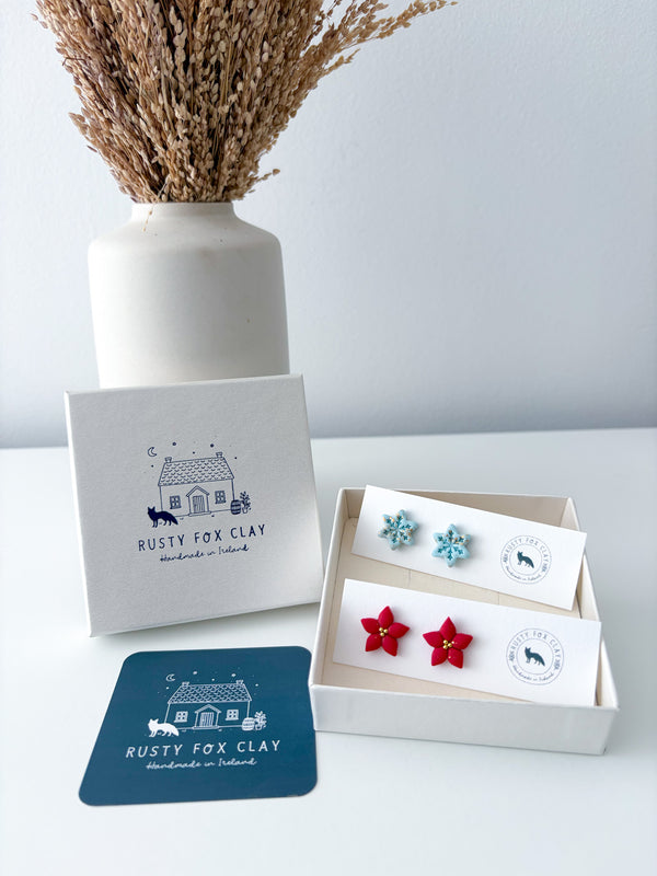 Aqua / Red - Snowflake and Poinsettia Stud Earrings (Christmas Collection)