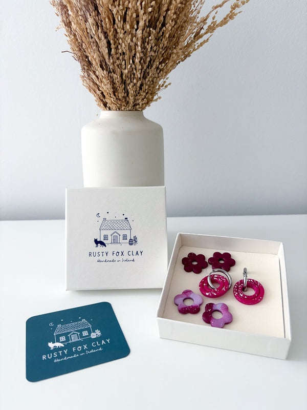 Default Title - Interchangeable Earring Set - Burgundy & Fuchsia (Silver Hoops)