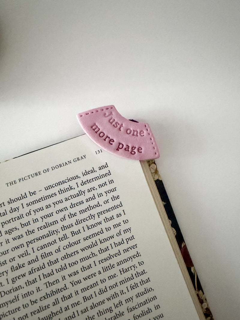 Handmade Just One More Page polymer clay bookmark
